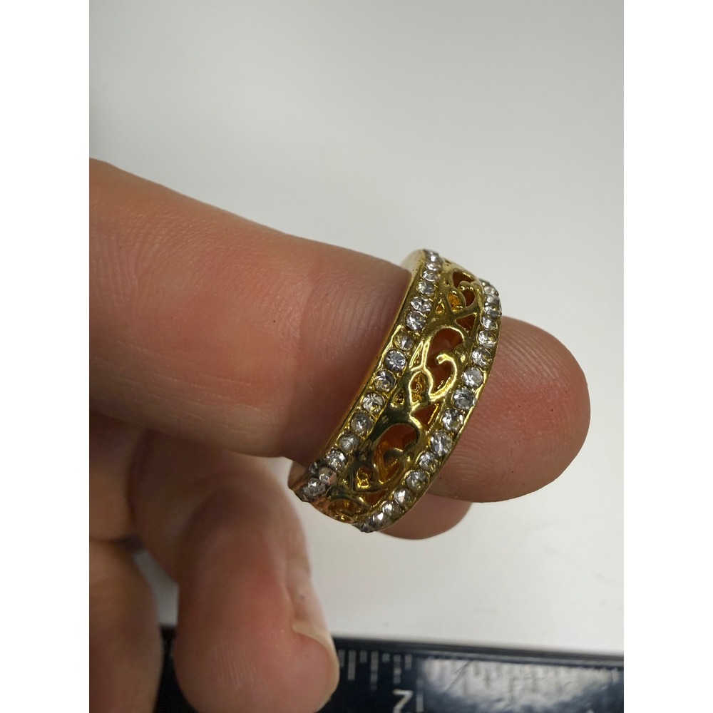 Gold Tone Filigree Rhinestone Eternity Band Ring Size 6.25 Statement Jewelry